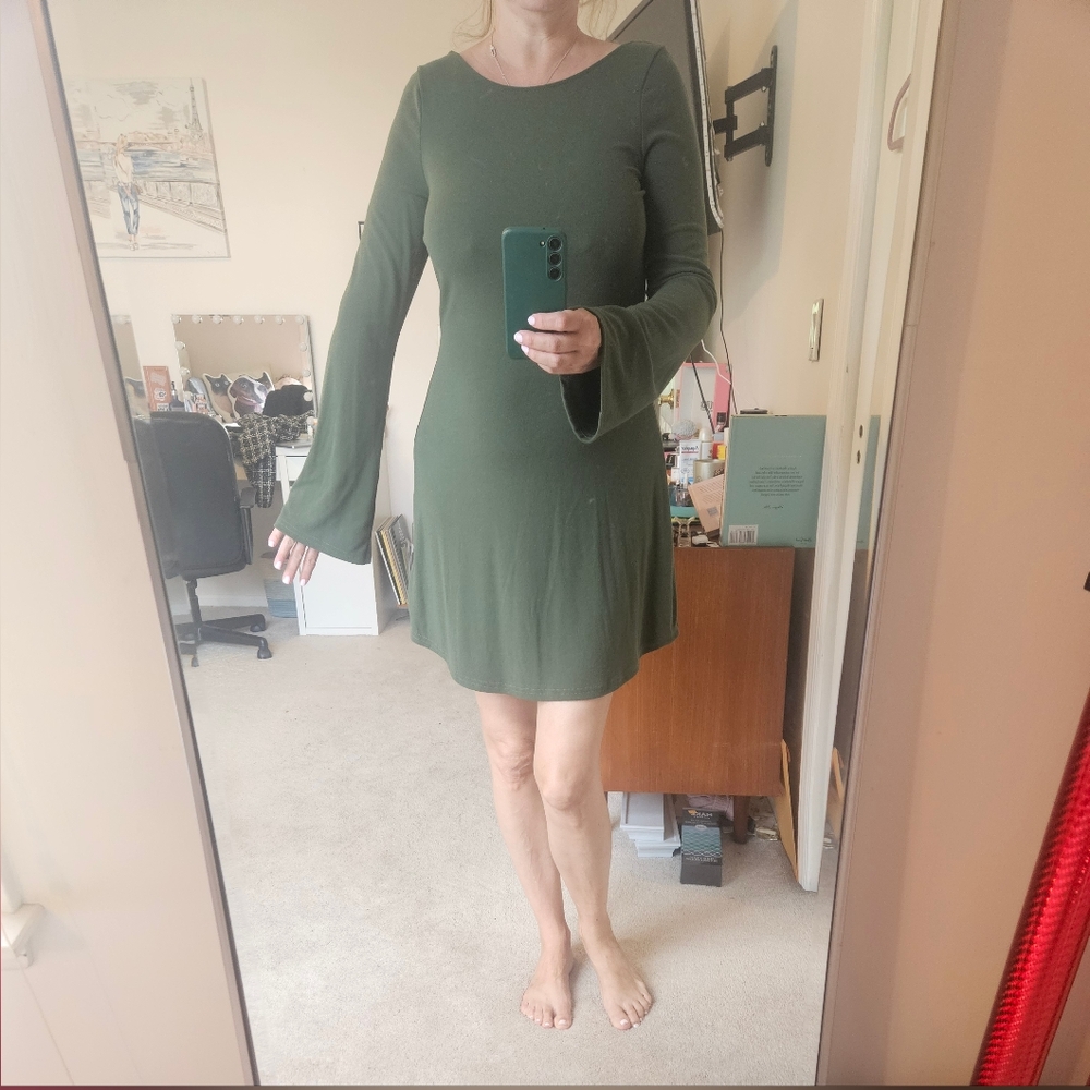 Free People Elegant Green Long-Sleeve Dress, Small
